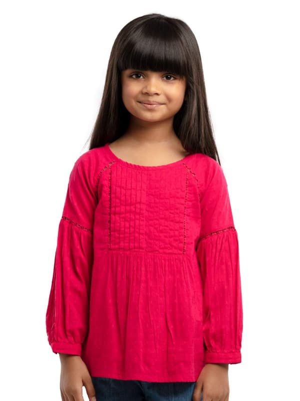 Girls Top With Swit Dot Dobby Fabric And Interlace